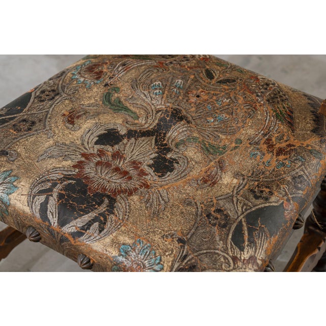 Small Antique 19th Century Walnut Dais Chair with Embossed Leather Upholstery, Spain For Sale - Image 12 of 13