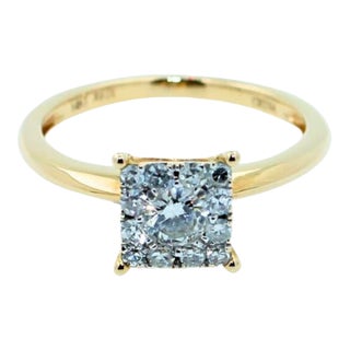 Brilliant Cut Diamond Square Princess Shape Halo Illusion Halo Pave Set Engagement Ring, Size 7 For Sale