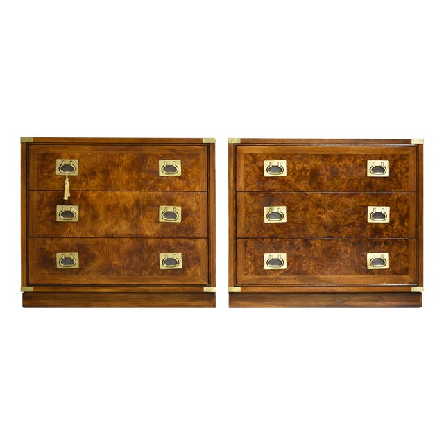 1970s Campaign Burl Wood Chests by Hickory Furniture - A Pair For Sale