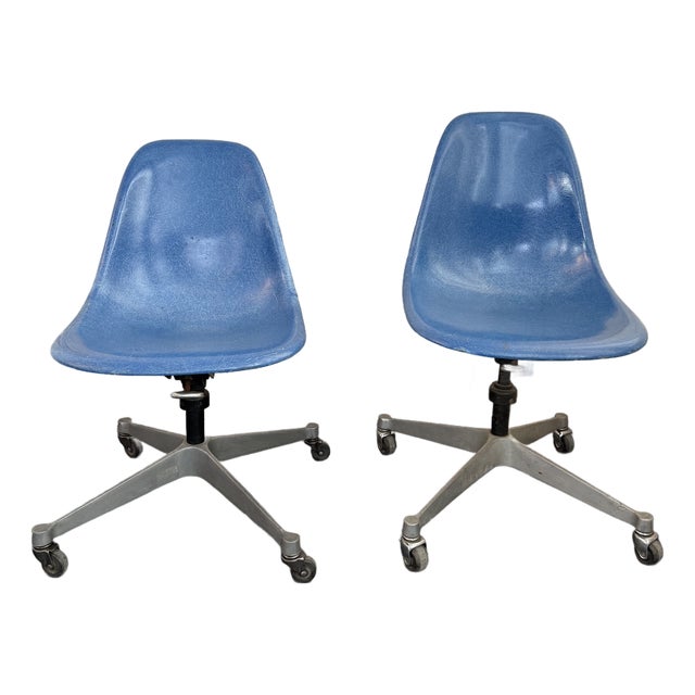 Pair of Eames for Herman Miller Blue Fiberglass Rolling Chairs For Sale