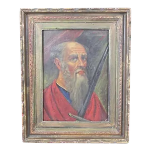 Framed Portuguese 19th Century Oil Portrait Painting of a Bearded Religious Man With Red Robes and S