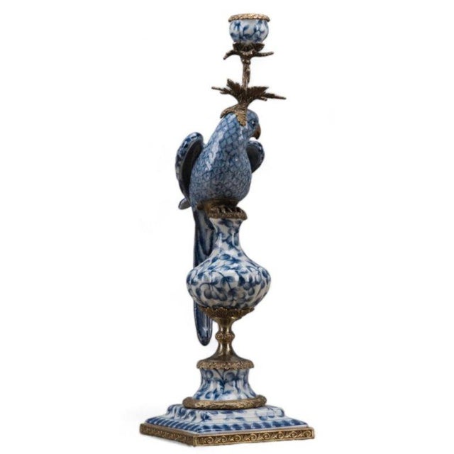 Blue and White Porcelain Parrot Candle Holder With Bronze Ormolu Left and Right Drama For Sale In Dallas - Image 6 of 8
