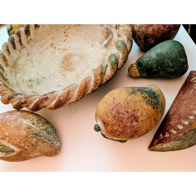 Large 16" Vintage Mexican Terracotta Centerpiece Bowl & 10-Piece Fruit Set For Sale In Boston - Image 6 of 6