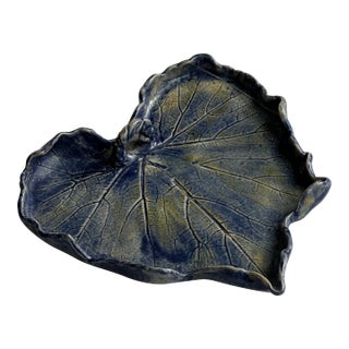 Handmade Blue Pottery Grape Leaf Serving Plate With Handle For Sale