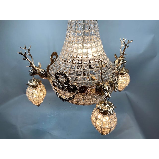 Metal 1970s French Louis XVI Gold Bronze Deer Head Chandelier 10Lt For Sale - Image 7 of 18