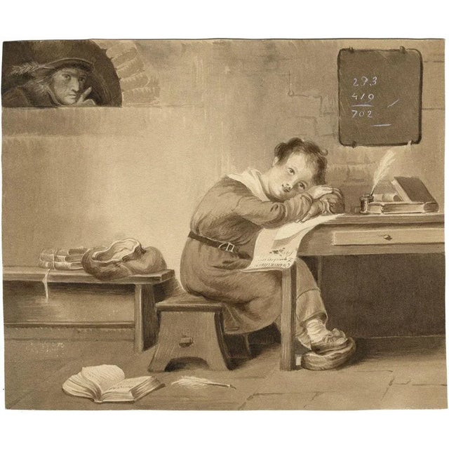 An original c.1830s watercolour painting, Attrib. Mary Heber, Dutch Schoolroom with Dreaming Boy.A fine watercolour in...
