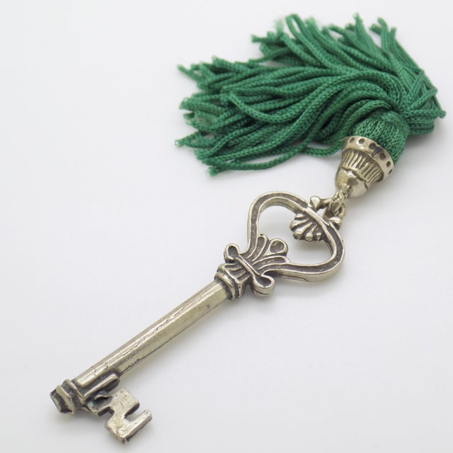 Vintage Italian Handmade Genuine Silver Life Size Secret Drawer Key W/T Green Tassel For Sale - Image 6 of 11