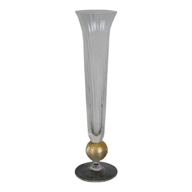 1998 Hand Blown Art Glass Trumpet Vase with Gold Flake Bauble For Sale
