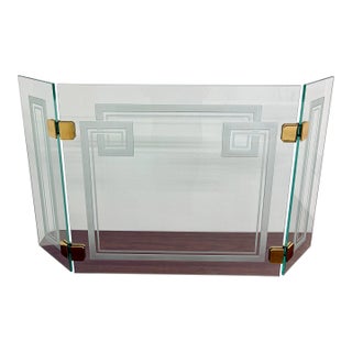 Vintage Art Deco Etched Glass Fireplace Screen With Brass Hardware For Sale