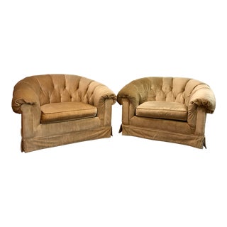 Mid Century Hollywood Regency Velvet Tufted Club Chairs- A Pair For Sale