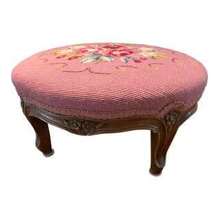 Vintage Needlepoint Oval Footstool For Sale