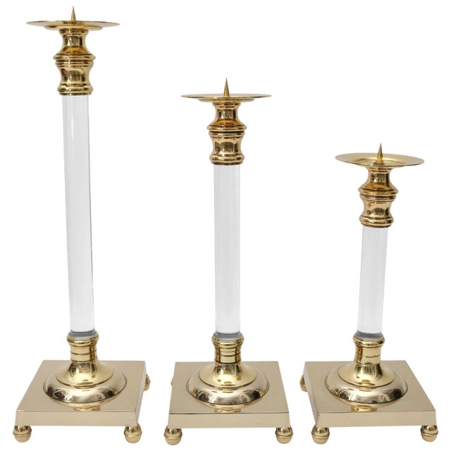 Polished Brass and Lucite Candlesticks - Set of 3 For Sale