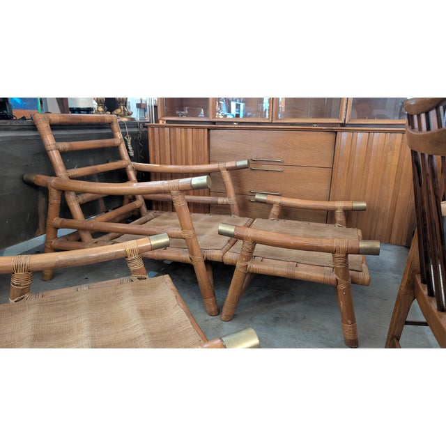 Boho Chic 1950s Attributed to Ficks Reed, John Wisner Rattan Lounge Chairs and Ottomans (Needs Cushions) For Sale - Image 3 of 15