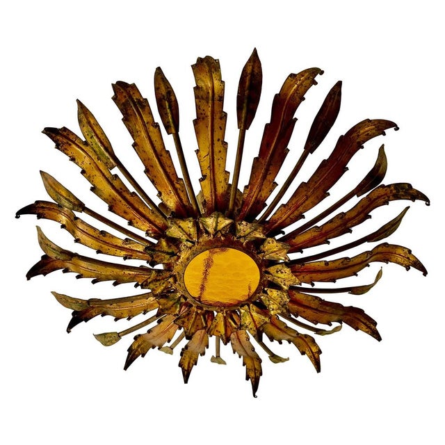 Large Spanish Sunburst Flush Mount in Gilt Metal with Support, 1950 For Sale - Image 6 of 6