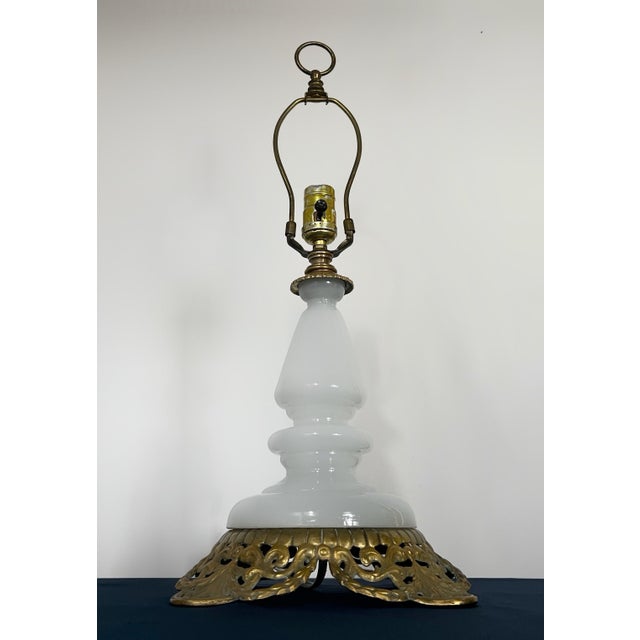 Mid 20th Century 1950s Hollywood Regency Opaline Milk Glass & Cast Brass Accent Lamp For Sale - Image 5 of 8