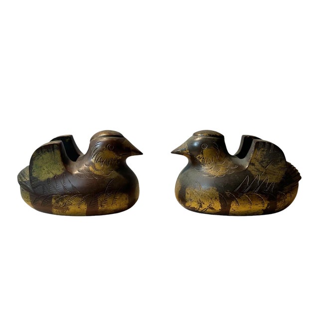 An antique pair of gilt bronze mandarin duck screen holders. Meiji period, Japan. Very rare.