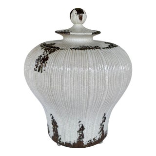 Modern Large Cream Crackle and Bronze Glaze Lidded Jar For Sale