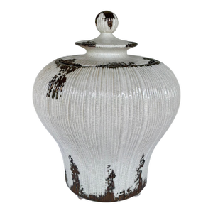 Modern Large Cream Crackle and Bronze Glaze Lidded Jar