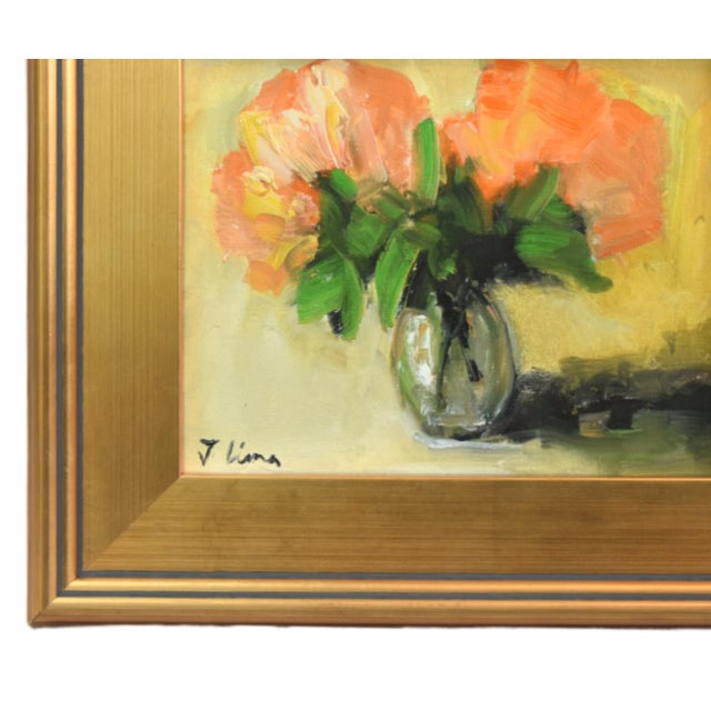 Impressionist abstract bouquet of colorful flowers in a vase oil painting on stretched artist canvas. The talented artist...