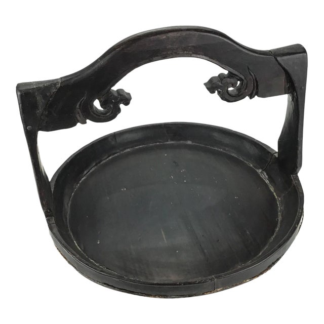 Chinese Antique Hand Carved Wood Presentation Platter or Cake Holder With Handle For Sale