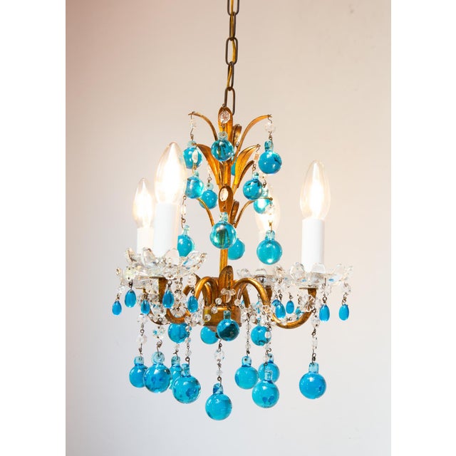 Blue Italian Chandelier in Gilt Metal with Murano Glass Drops, 1960 For Sale - Image 8 of 9