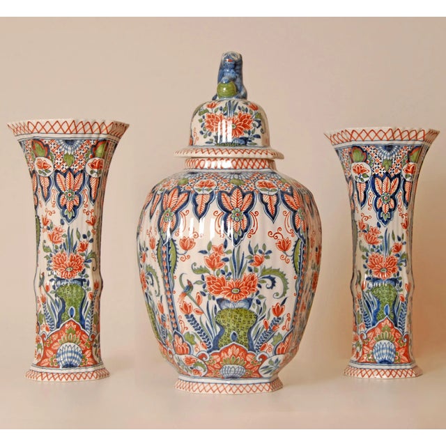Delft Vases Polychrome Delftware Chinoiserie Baluster Beaker Vases Set of 3 For Sale - Image 16 of 16