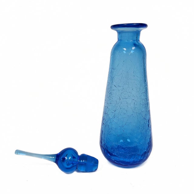 1960's Handblown Sapphire Blue Crackle Glass Decanter W/ Flame Tip Stopper For Sale - Image 4 of 9
