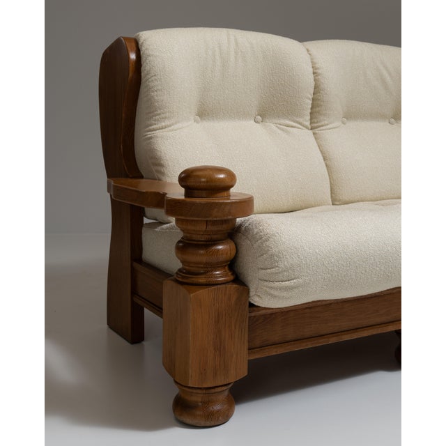1970s French Chestnut Brown Brutalist Oak Upholstered Sofa For Sale In Greensboro - Image 6 of 15