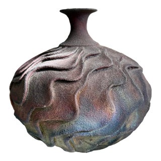 Vintage Raku Pottery 8” Tall Signed Middleton ‘90 Iridescent Weedpot Vase For Sale