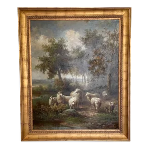 Mid 20th Century Landscape Painting With Sheep, Framed