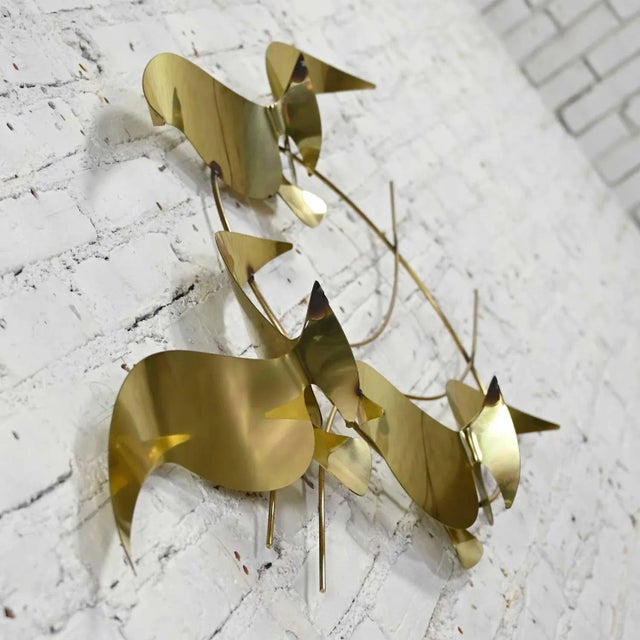 Metal Mid Century Modern 1985 C Jere Brass Plated Bird Flock of Seagulls Wall Sculpture Signed For Sale - Image 7 of 13