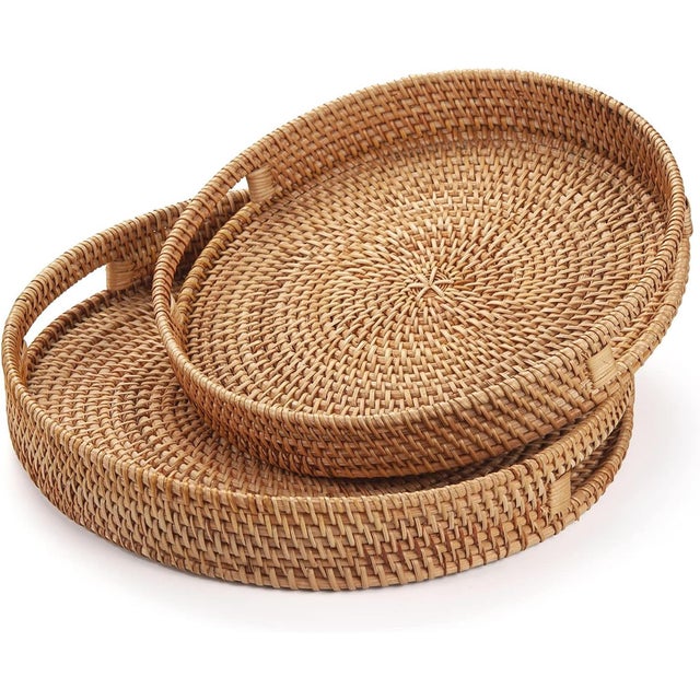 Rustic Round Rattan Serving Tray With Handles Small For Sale - Image 3 of 6