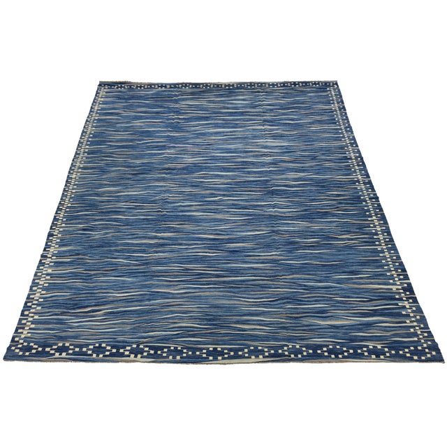 Contemporary Handmade Oceanic Blue Wave Kilim Wool Area Rug Luxury Flat-Weave For Sale - Image 10 of 12