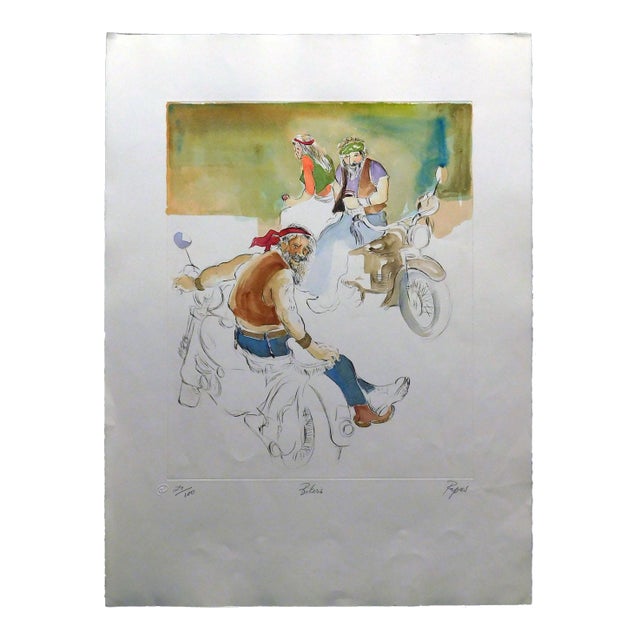 William Papas "Bikers" Signed Numbered Hand Colored Etching of Motorcyclists For Sale