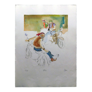 William Papas "Bikers" Signed Numbered Hand Colored Etching of Motorcyclists