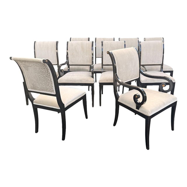 Late 20th Century 10 Kindel Neoclassical Dining Chairs With Scroll Arms – Newly Reupholstered For Sale