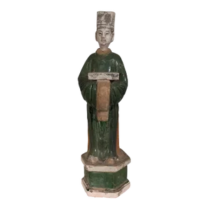 Large Antique Chinese Glazed Pottery Figure of an Attendant