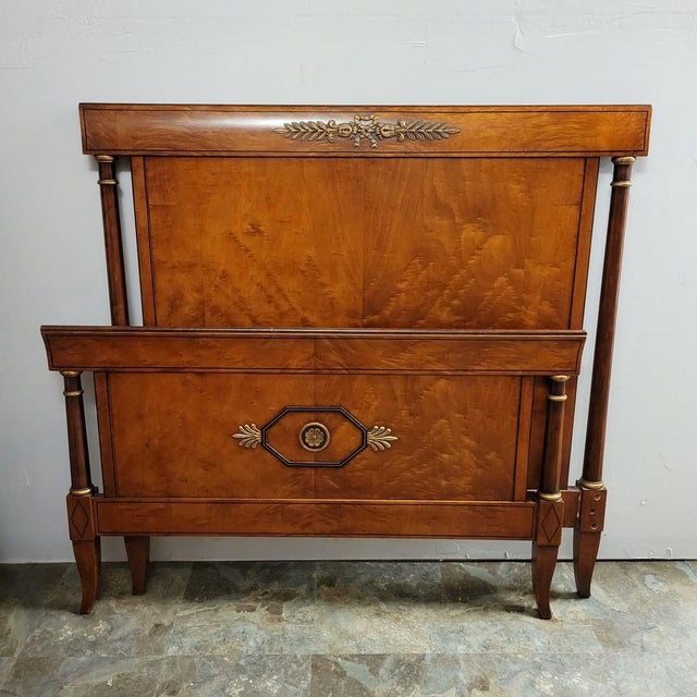 French Pair of Italian Louis XVI–Directoire Style Figured Birch Twin Beds With Nightstand, C. 1950 For Sale - Image 3 of 12