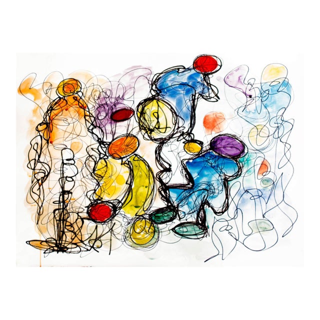 That’s Me in the Middle — Playful Abstract Dance of Color, Motion & Character, Oil Markers & Acrylics on Paper 18 X 24 For Sale