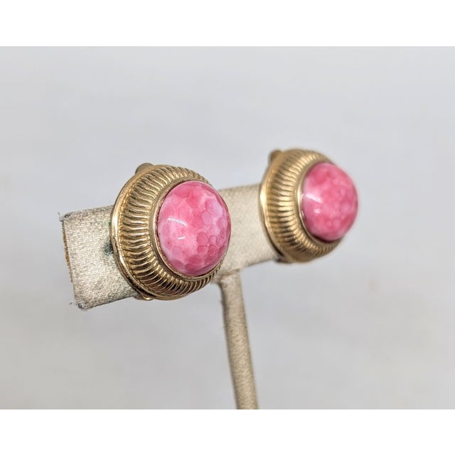 Mid-Century Modern Vintage 1950s Signed Nettie Rosenstein Round Goldtone Cabochon Faux-Coral Clip Earrings- 2 Pieces For Sale - Image 3 of 7