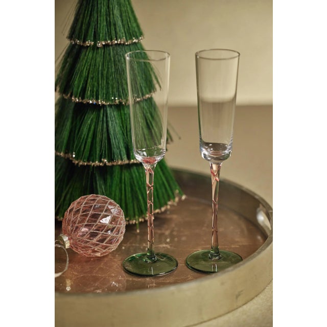 Sachi Green & Pink Champagne Flutes, Set of 6 For Sale - Image 4 of 4
