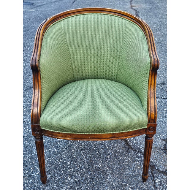 Late 20th Century Italian Regency Style Walnut and Upholstered Barrel Back Chair For Sale - Image 9 of 9