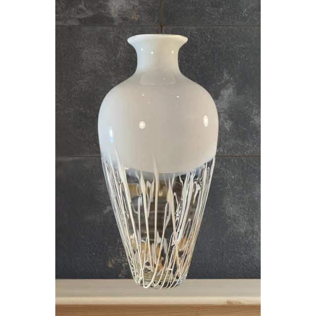 Mid-Century Modern 19 In. Tall Milk &Clear Glass Textural White Amphora Art Glass Vase For Sale - Image 3 of 16