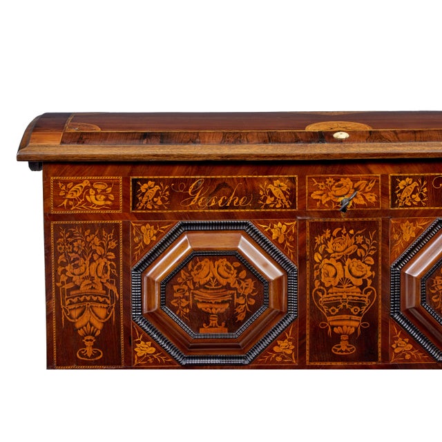 Antique Inlaid Continental Walnut Dome Coffer, 1869 For Sale - Image 4 of 12