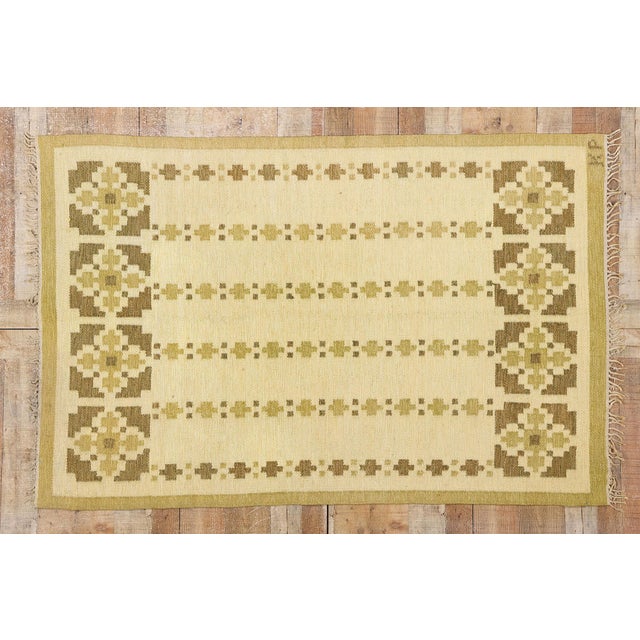 Vintage Swedish Flat-Weave Rug by Kerstin Persson Size: 4'8" × 8'1" (142 × 246 cm) Colors: Yellow, Blue, Pink, Brown,...