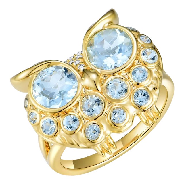 Nina Zhou Fantasy Aquamarine Diamond Owl Ring in 14k Gold - Ring Size 6 For Sale