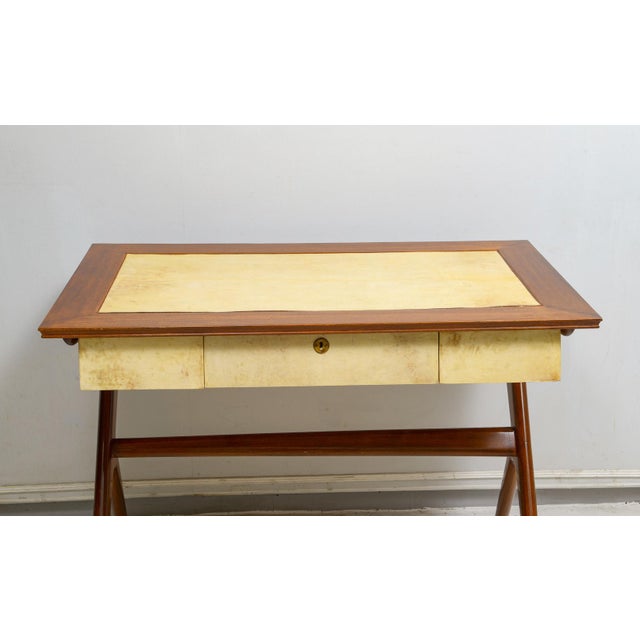 Sculptural Italian Mid-Century Mahogany and Parchment Desk with Three Drawers
