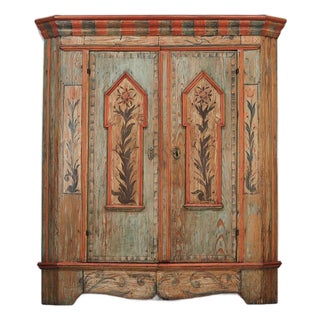 Large Rustic Farmhouse Folk Art Painted Bridal Cabinet dated 1806 For Sale