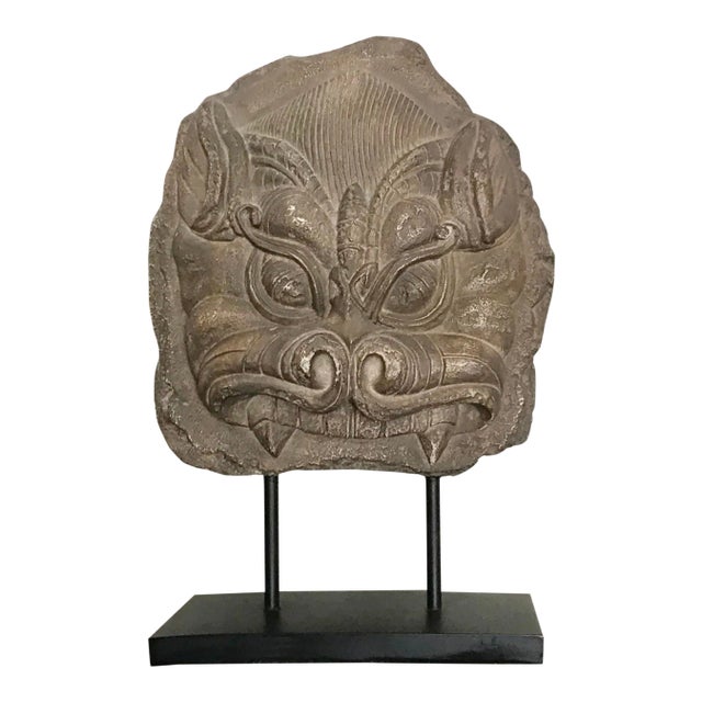Asian Spirit Mask on Black Wooden Stand For Sale