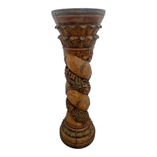 Antique Italian Style Column Bust Plant Stand Pedestal Hand Carved Solid Wood For Sale